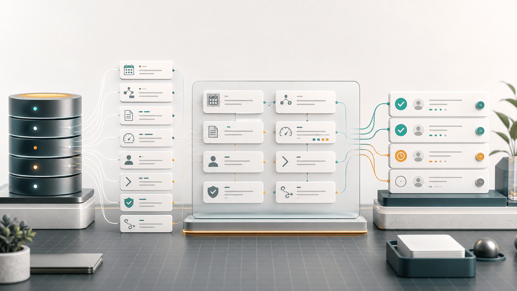 An abstract AI-ready CRM record structure flowing from trusted records to context synthesis and human-approved action candidates.