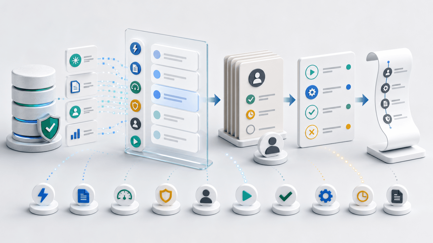 An abstract CRM workflow moving from trusted records to context synthesis, human approval, and an action audit trail.