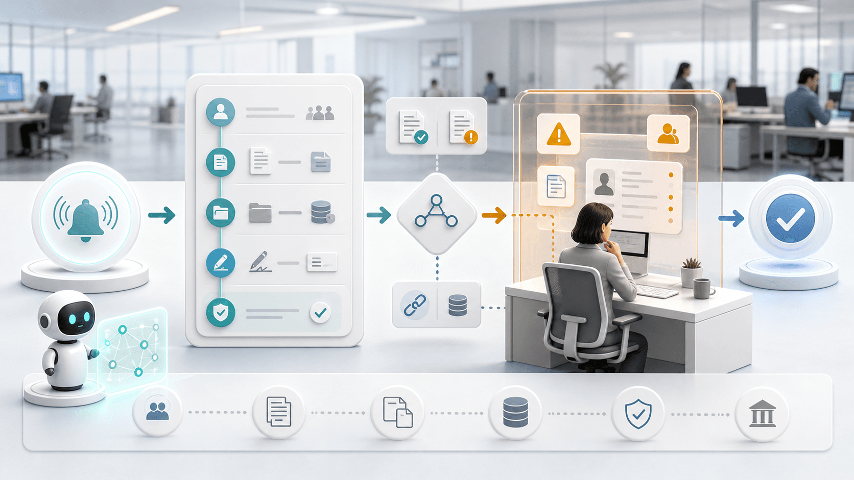 An abstract proactive renewal journey where AI prepares linked service steps and a person reviews exceptions before the outcome.