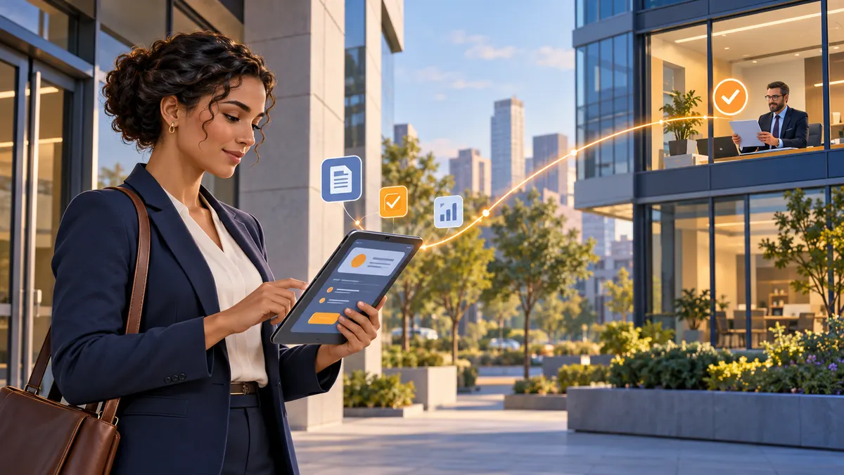 A field sales representative using a simple tablet app outside a client's office, connected to a manager approving an item in a distant office.
