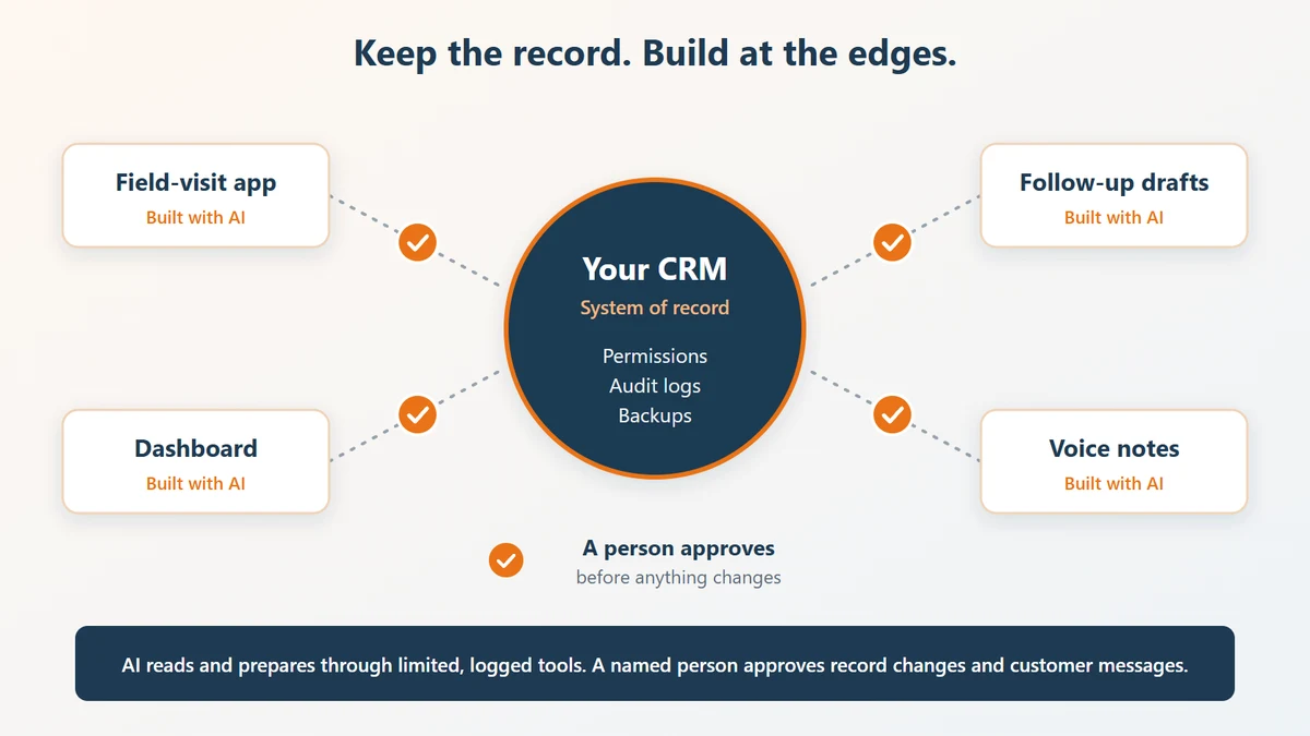Diagram showing a CRM at the center holding permissions, audit logs, and backups, with a field-visit app, dashboard, and follow-up drafting tool around it, and a person approving changes before they reach the CRM.