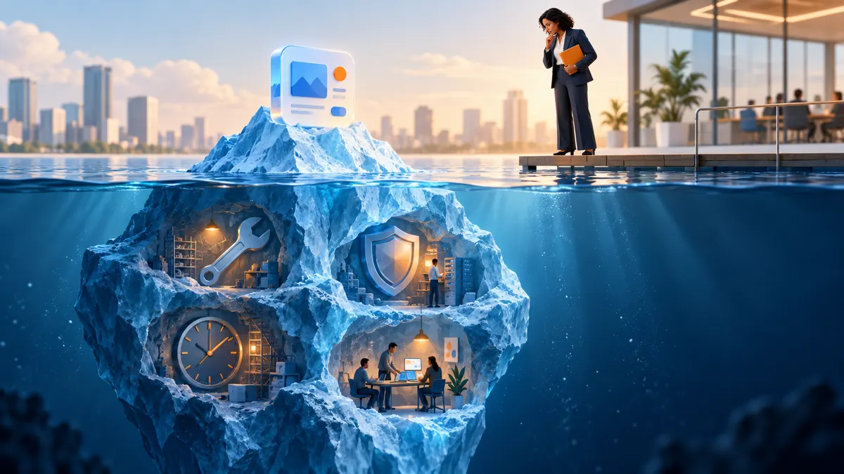 A business owner holding a budget folder above an iceberg, with a small app above the water and maintenance, security, and team costs below it.