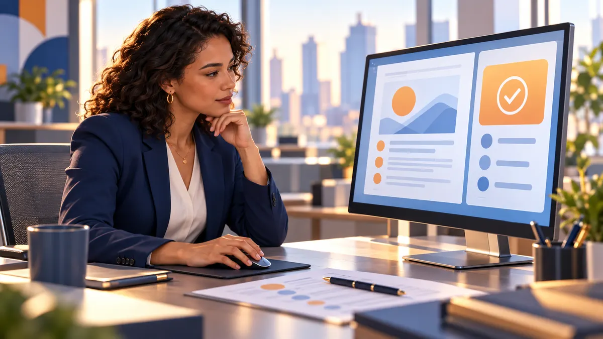 An office coordinator calmly reviewing a draft on a large monitor, with a checklist and pen on the desk.